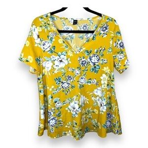 Size 6 Shien Yellow Floral Blouse V Neck Short Sleeve Lightweight